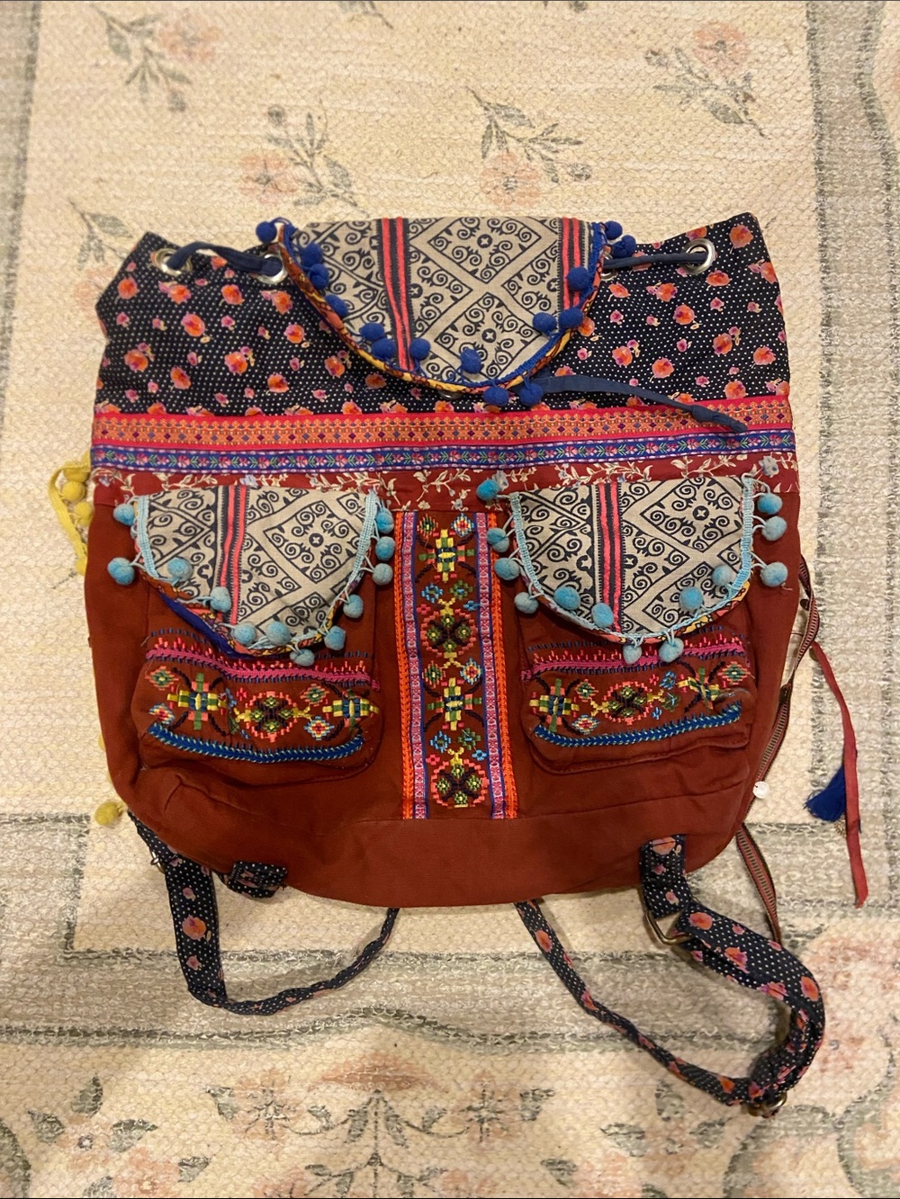 Urban outfitters embroidered Boho Drawstring Backpack - Rust Multi